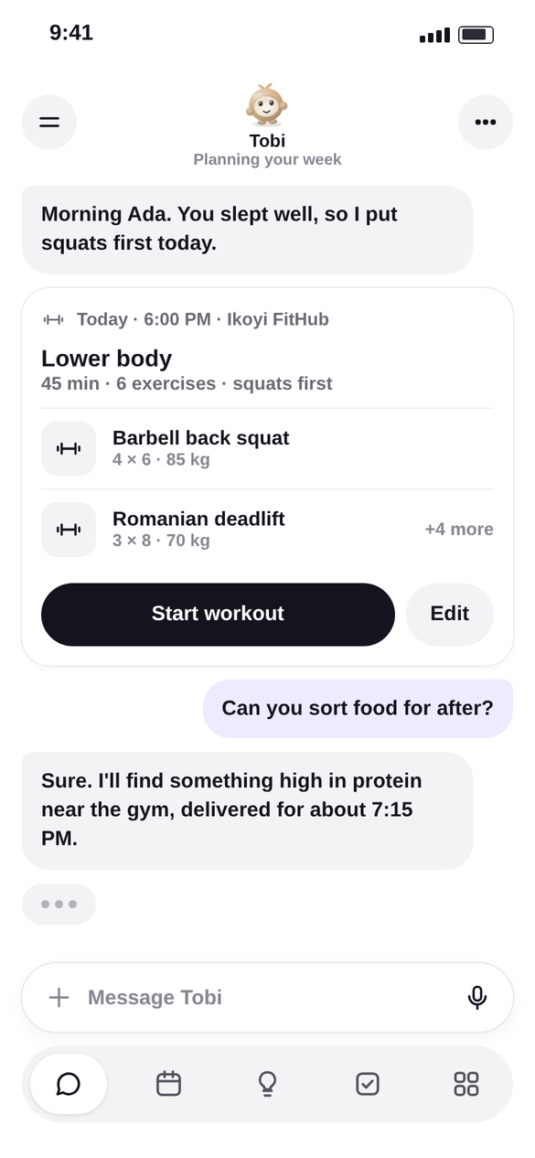 The Fitooh chat, showing today's lower body workout