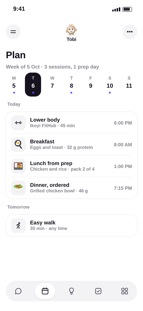 The Plan tab with this week's sessions and meals